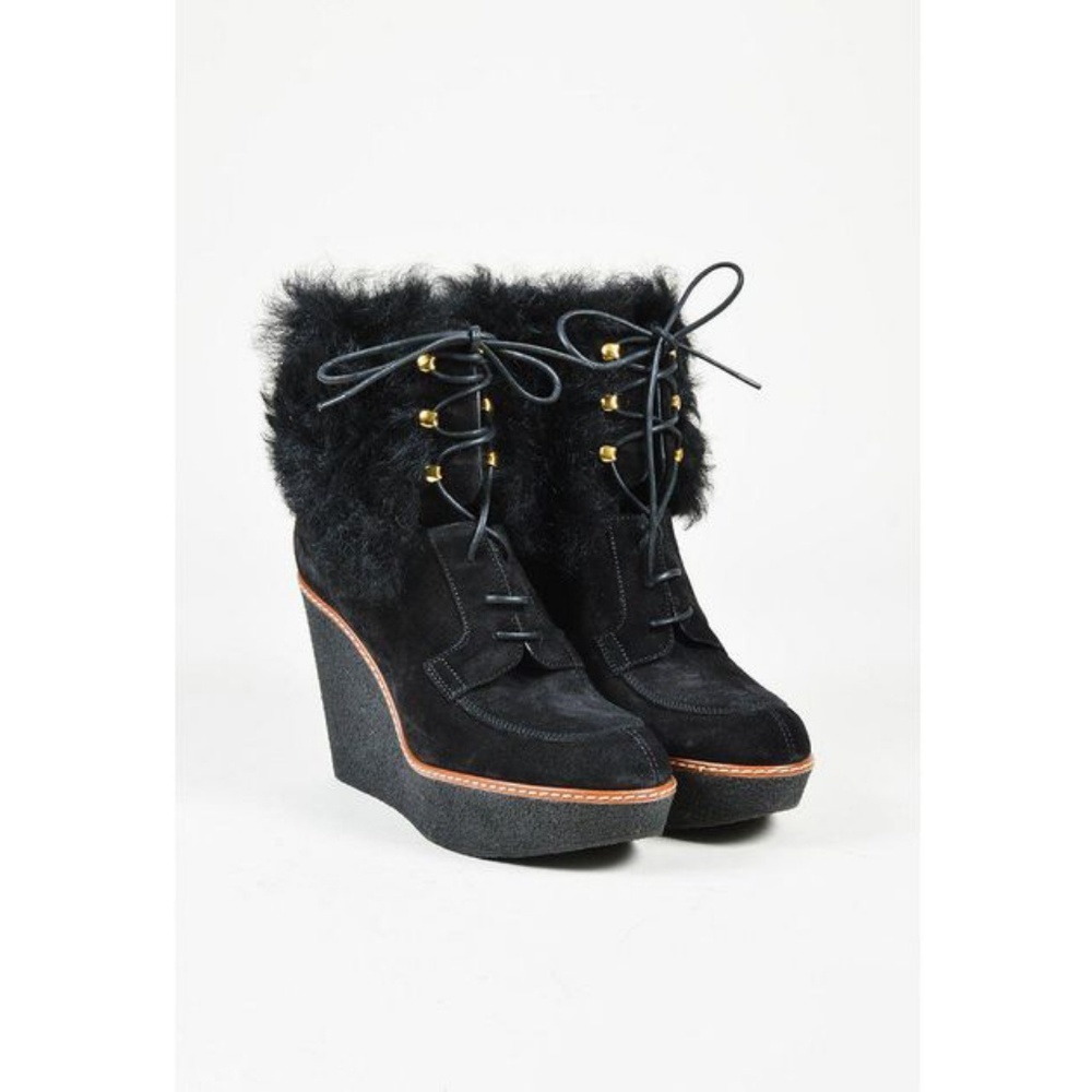 Louis Vuitton Suede Wedge Shearling Lace Up Boots